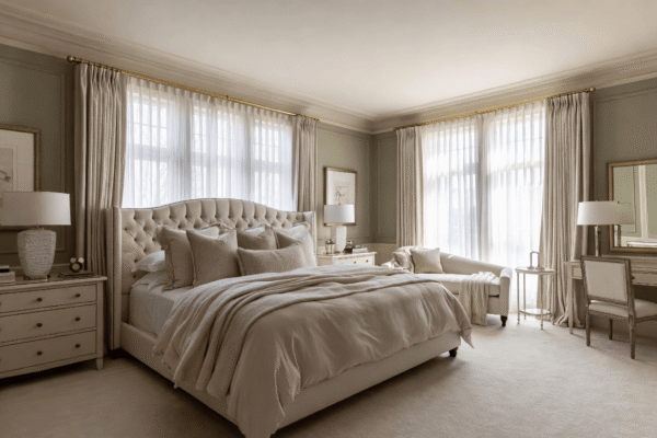 Modern master bedrooms decor idea showcasing a statement headboard, soft ambient lighting, and textured bedding for a contemporary retreat.