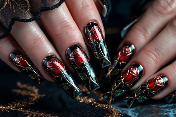Beauty and the Beast nail ideas 2026 featuring dramatic coffin-shaped acrylic nails with intricate 3D enchanted rose designs in deep red and gold on a dark background with green leaves and stems