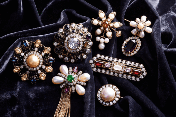 A stunning collection of brooch aesthetic jewelry featuring vintage gold cameos, modern crystal statement pieces, and pearl clusters artfully arranged on soft velvet. The display captures the timeless elegance and diversity of brooch design for ladies, from heirloom treasures to luxury designer brooches.
