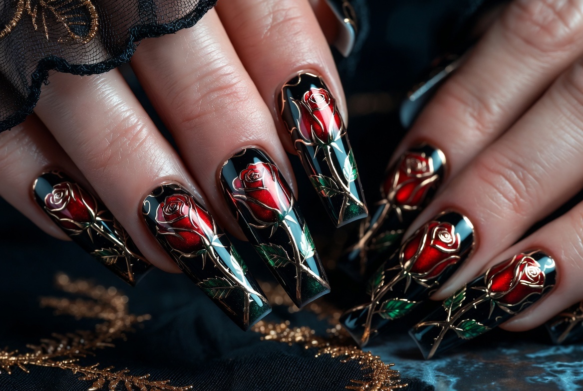 Beauty and the Beast nail ideas 2026 featuring dramatic coffin-shaped acrylic nails with intricate 3D enchanted rose designs in deep red and gold on a dark background with green leaves and stems