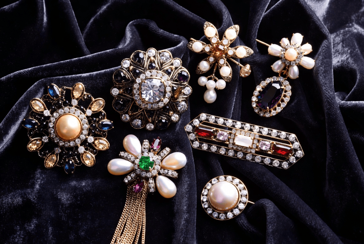 A stunning collection of brooch aesthetic jewelry featuring vintage gold cameos, modern crystal statement pieces, and pearl clusters artfully arranged on soft velvet. The display captures the timeless elegance and diversity of brooch design for ladies, from heirloom treasures to luxury designer brooches.