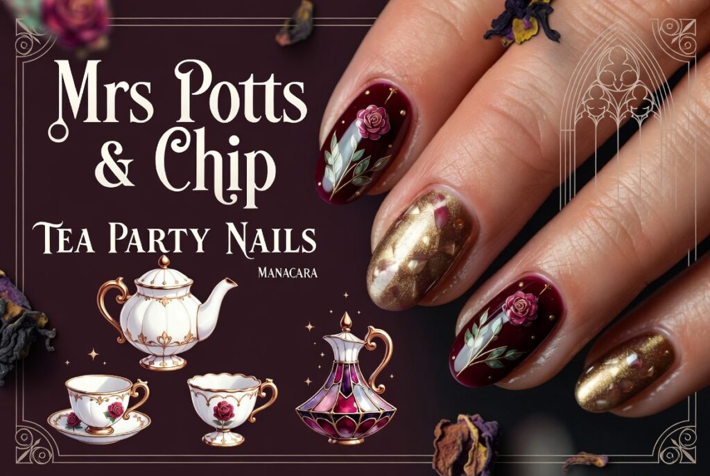 Beauty and the Beast nail ideas 2026 featuring dramatic coffin-shaped acrylic nails with intricate 3D enchanted rose designs in deep red and gold on a dark background with green leaves and stems