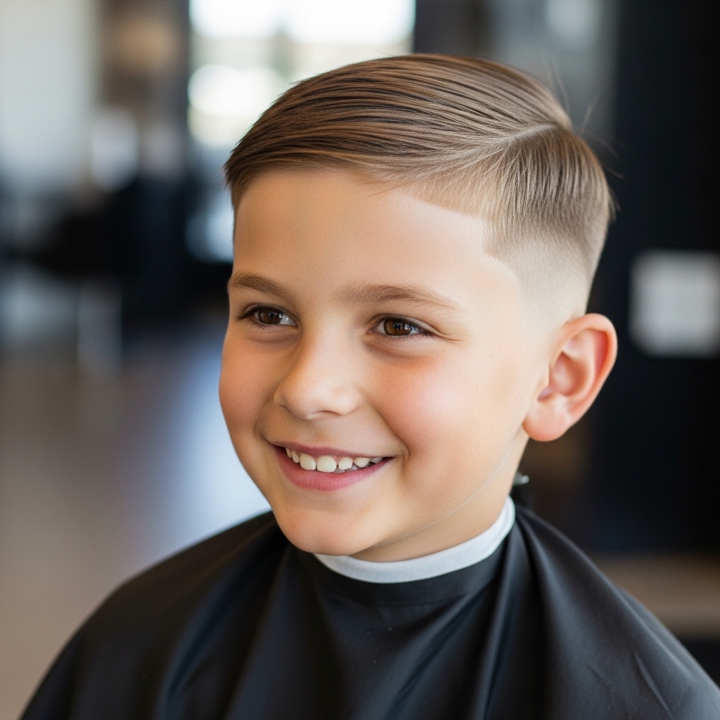 Young boy with straight hair sporting a fresh low taper fade haircut, featuring short faded sides and longer styled top.