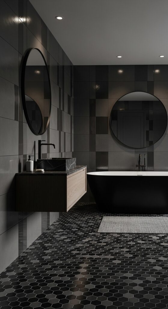 Moody bathroom with deep dark walls, statement lighting, black vanity, and freestanding tub transforming space into dramatic sanctuary
