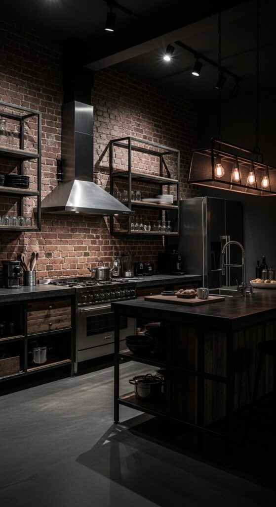 Moody kitchen with deep navy cabinets, black matte finishes, brass hardware, and dramatic lighting, transforming the cooking space into a masterpiece