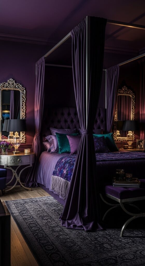 Moody bedroom with dark dramatic walls, ambient lighting, velvet textures, and luxurious bedding transforming sleep space into retreat