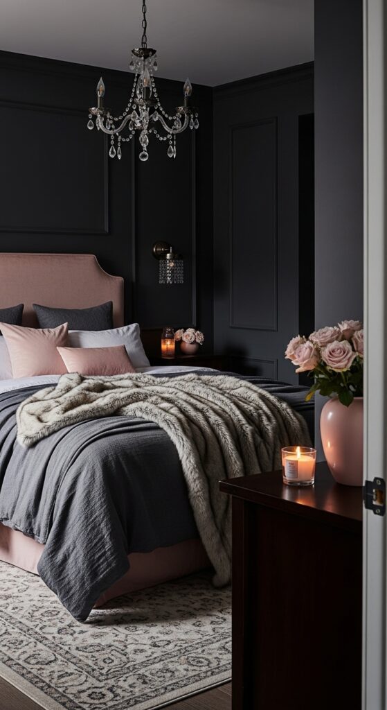 Moody bedroom with dark dramatic walls, ambient lighting, velvet textures, and luxurious bedding transforming sleep space into retreat