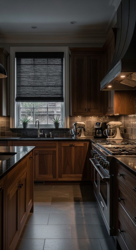 Moody kitchen with deep navy cabinets, black matte finishes, brass hardware, and dramatic lighting, transforming the cooking space into a masterpiece