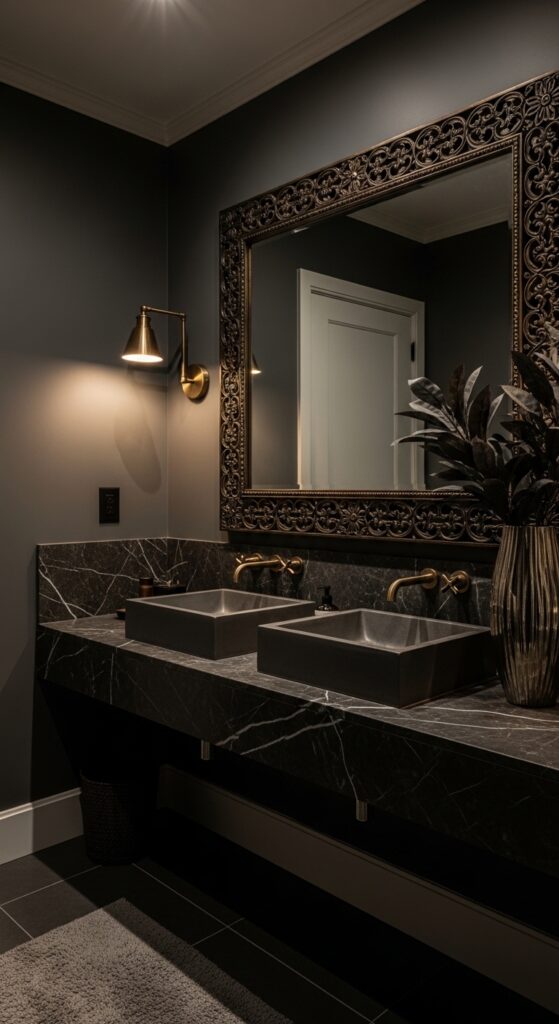 Moody bathroom with deep dark walls, statement lighting, black vanity, and freestanding tub transforming space into dramatic sanctuary
