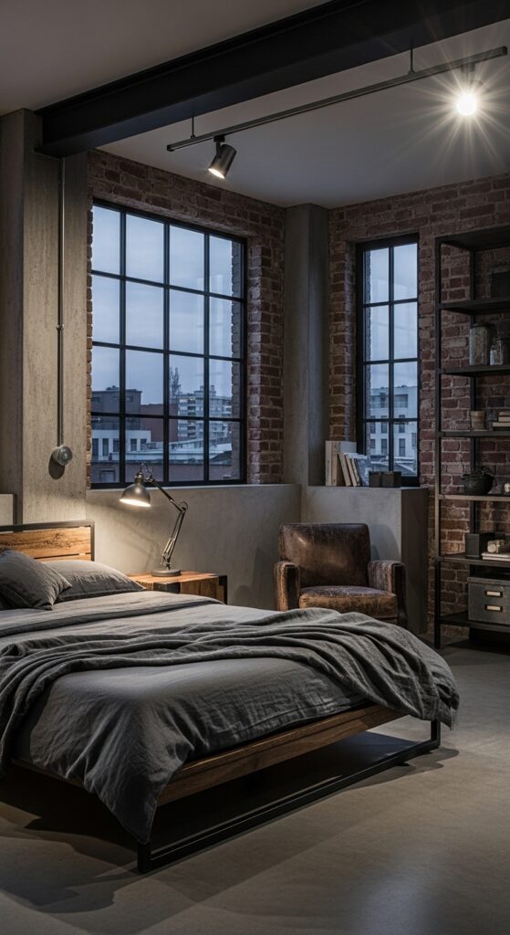 Moody bedroom with dark dramatic walls, ambient lighting, velvet textures, and luxurious bedding transforming sleep space into retreat
