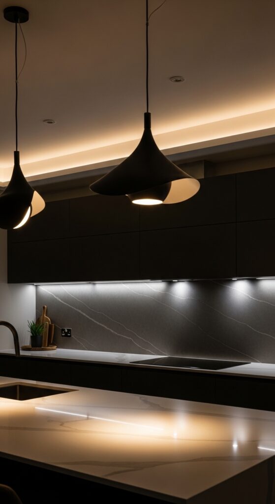 Moody kitchen with deep navy cabinets, black matte finishes, brass hardware, and dramatic lighting, transforming the cooking space into a masterpiece