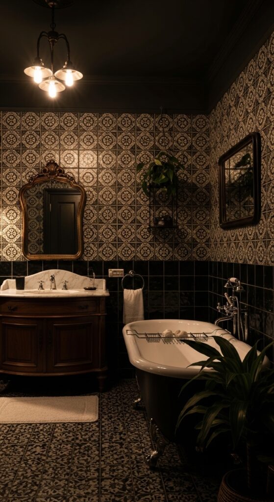 Moody bathroom with deep dark walls, statement lighting, black vanity, and freestanding tub transforming space into dramatic sanctuary