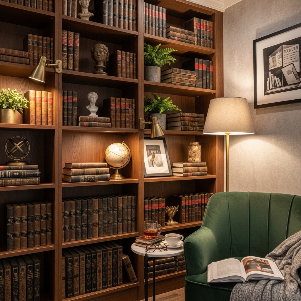 Luxury lifestyle scene featuring elegant home interior with premium coffee setup, designer wardrobe, fresh flowers, and spa-like bathroom for elevated everyday living