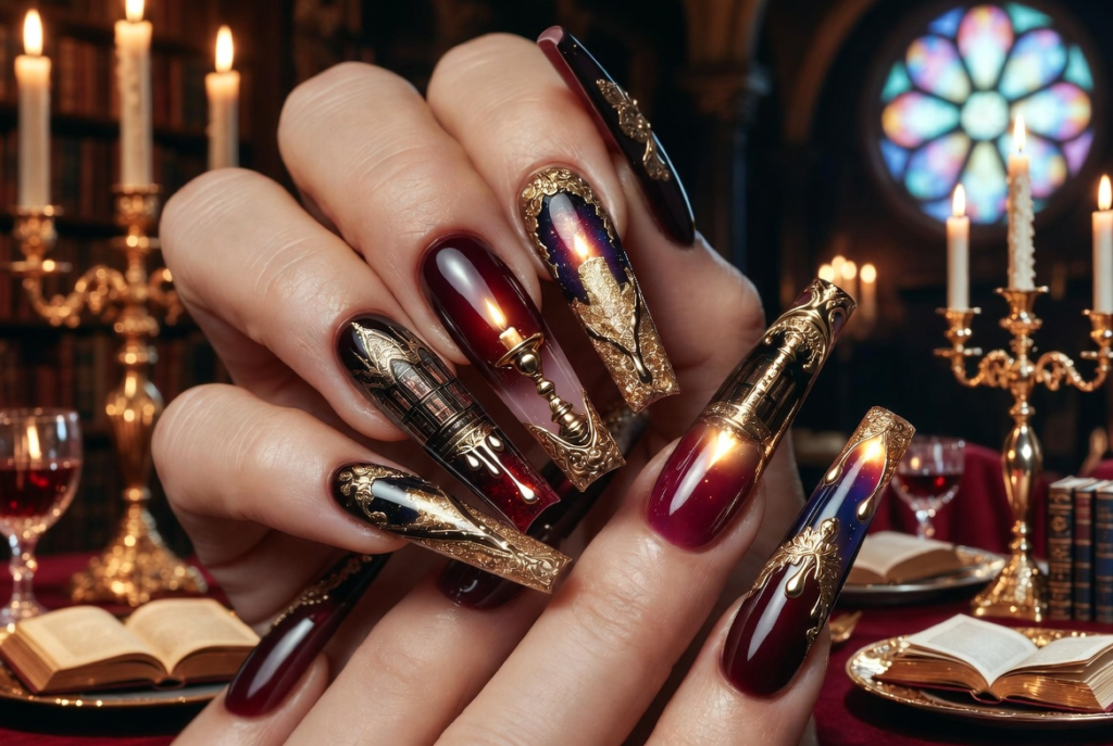 Beauty and the Beast nail ideas 2026 featuring dramatic coffin-shaped acrylic nails with intricate 3D enchanted rose designs in deep red and gold on a dark background with green leaves and stems