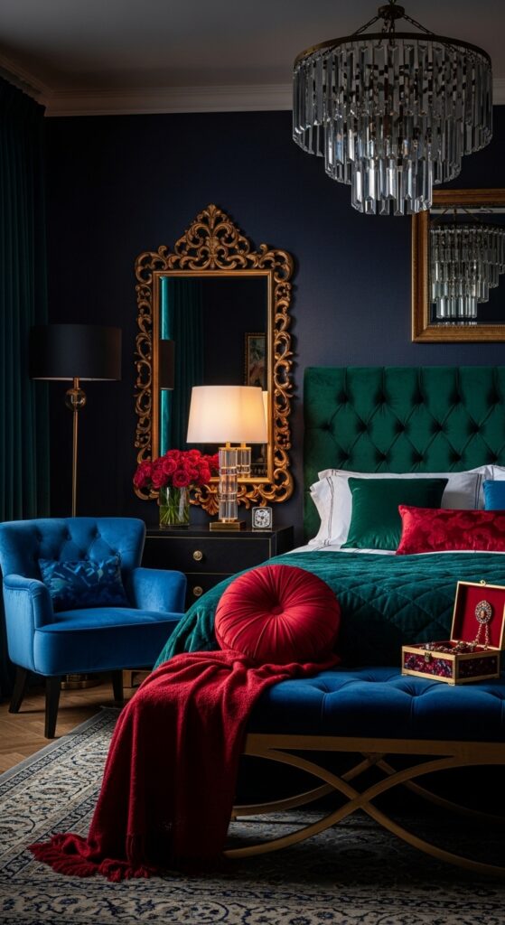 Moody bedroom with dark dramatic walls, ambient lighting, velvet textures, and luxurious bedding transforming sleep space into retreat