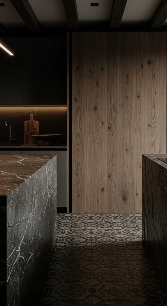 Moody kitchen with deep navy cabinets, black matte finishes, brass hardware, and dramatic lighting, transforming the cooking space into a masterpiece