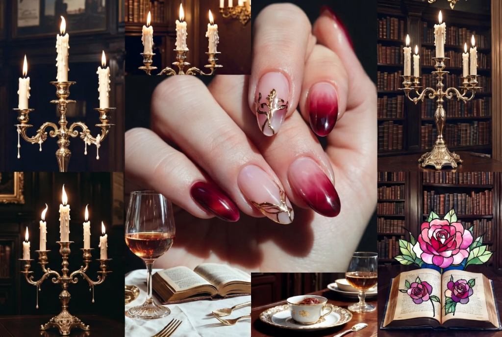 Beauty and the Beast nail ideas 2026 featuring dramatic coffin-shaped acrylic nails with intricate 3D enchanted rose designs in deep red and gold on a dark background with green leaves and stems