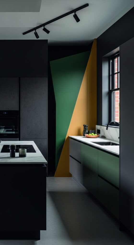 Moody kitchen with deep navy cabinets, black matte finishes, brass hardware, and dramatic lighting, transforming the cooking space into a masterpiece