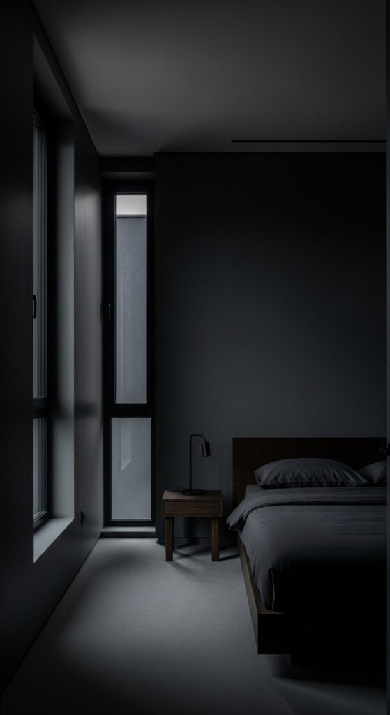 Moody bedroom with dark dramatic walls, ambient lighting, velvet textures, and luxurious bedding transforming sleep space into retreat