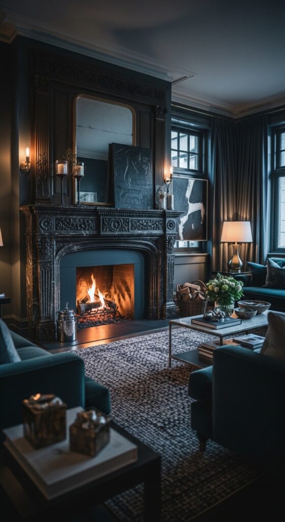 12+ moody living room ideas featuring dark walls, velvet furniture, layered lighting, and rich textures for dramatic haven transformation