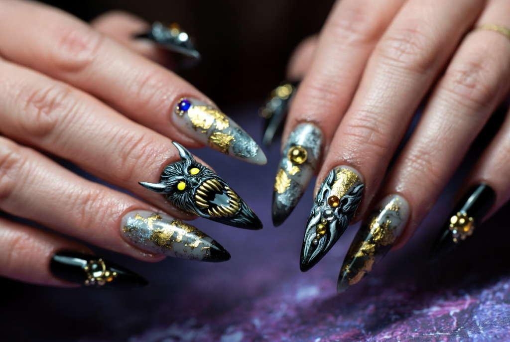 Beauty and the Beast nail ideas 2026 featuring dramatic coffin-shaped acrylic nails with intricate 3D enchanted rose designs in deep red and gold on a dark background with green leaves and stems