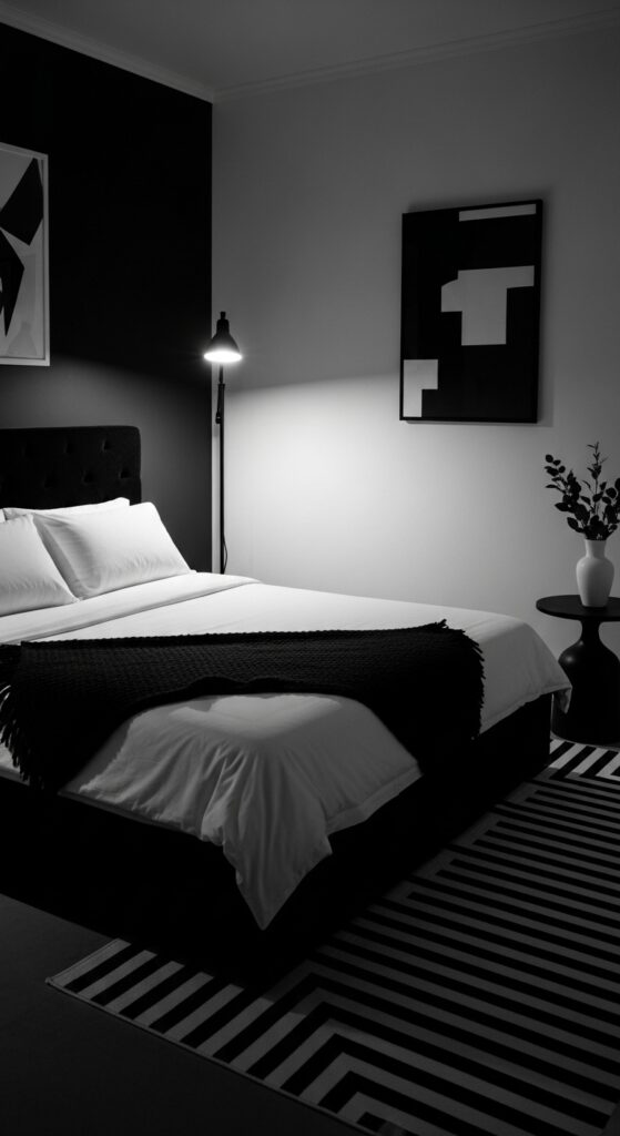 Moody bedroom with dark dramatic walls, ambient lighting, velvet textures, and luxurious bedding transforming sleep space into retreat