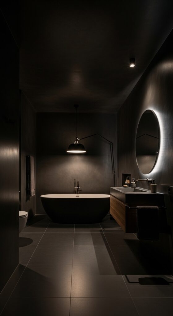 Moody bathroom with deep dark walls, statement lighting, black vanity, and freestanding tub transforming space into dramatic sanctuary