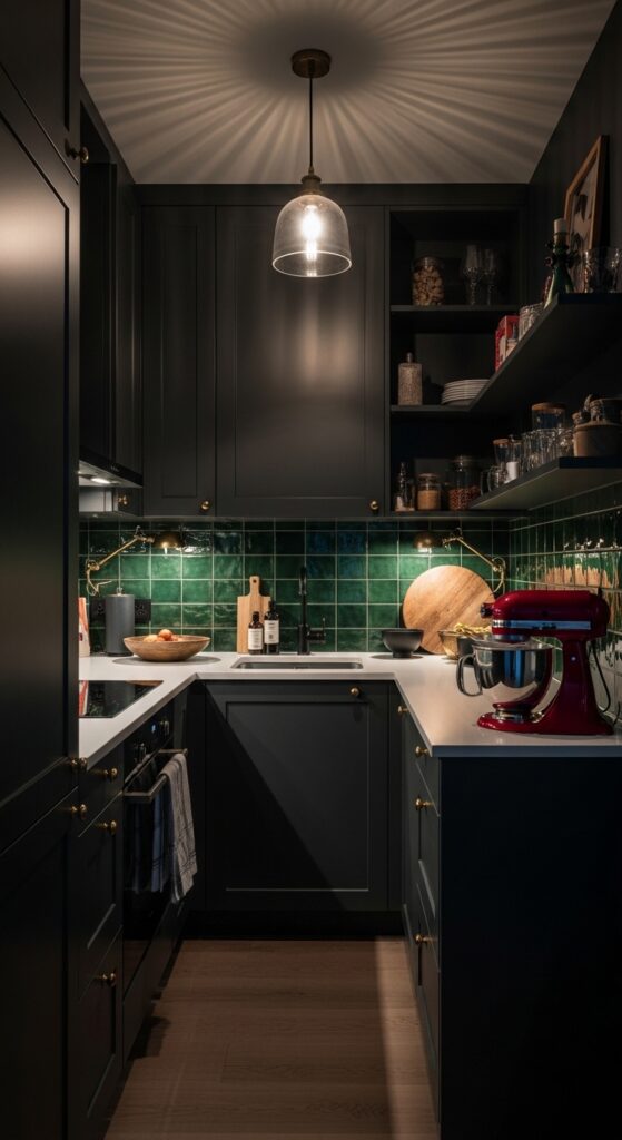 Moody kitchen with deep navy cabinets, black matte finishes, brass hardware, and dramatic lighting, transforming the cooking space into a masterpiece