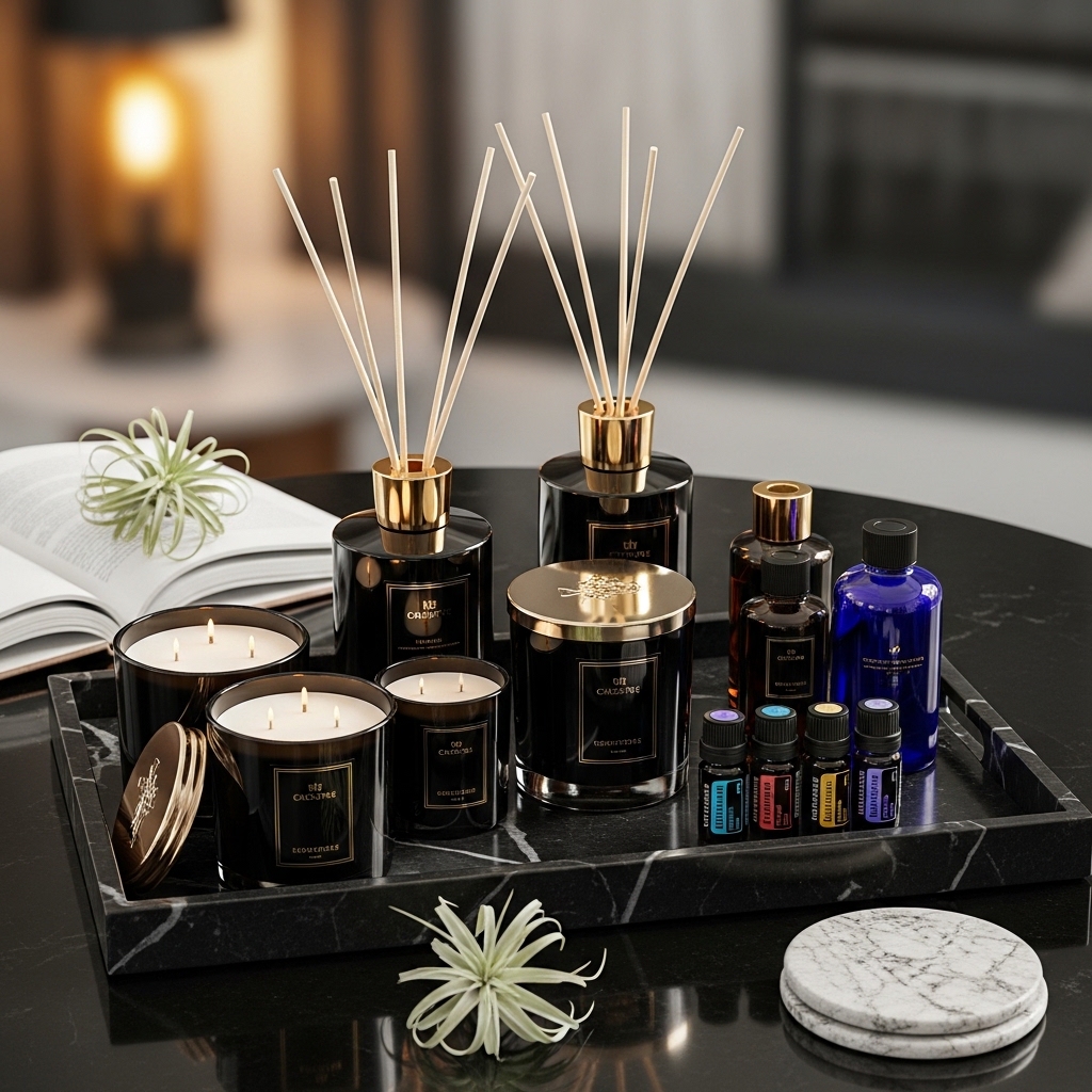 Luxury lifestyle scene featuring elegant home interior with premium coffee setup, designer wardrobe, fresh flowers, and spa-like bathroom for elevated everyday living