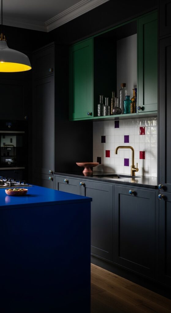 Moody kitchen with deep navy cabinets, black matte finishes, brass hardware, and dramatic lighting, transforming the cooking space into a masterpiece