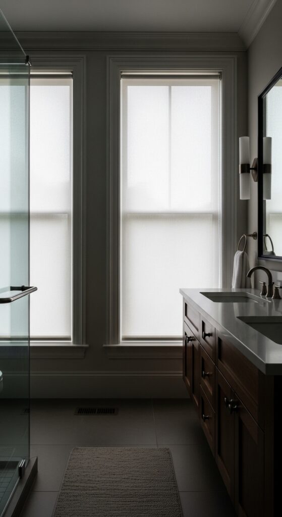 Moody bathroom with deep dark walls, statement lighting, black vanity, and freestanding tub transforming space into dramatic sanctuary