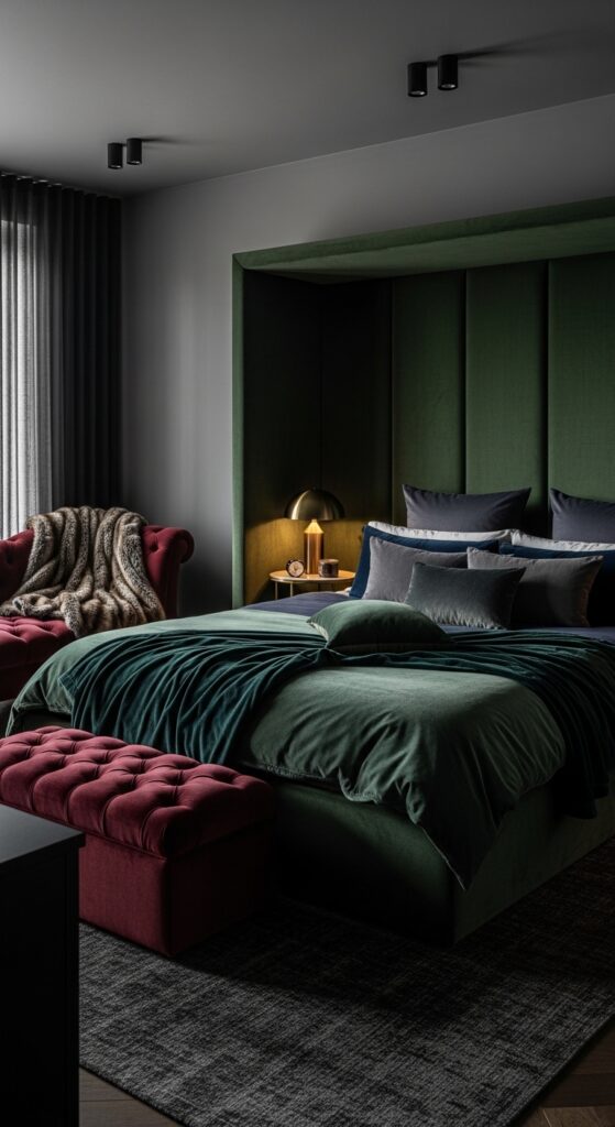 Moody bedroom with dark dramatic walls, ambient lighting, velvet textures, and luxurious bedding transforming sleep space into retreat