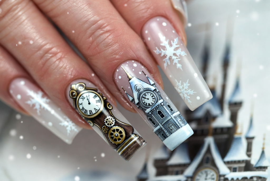 Beauty and the Beast nail ideas 2026 featuring dramatic coffin-shaped acrylic nails with intricate 3D enchanted rose designs in deep red and gold on a dark background with green leaves and stems