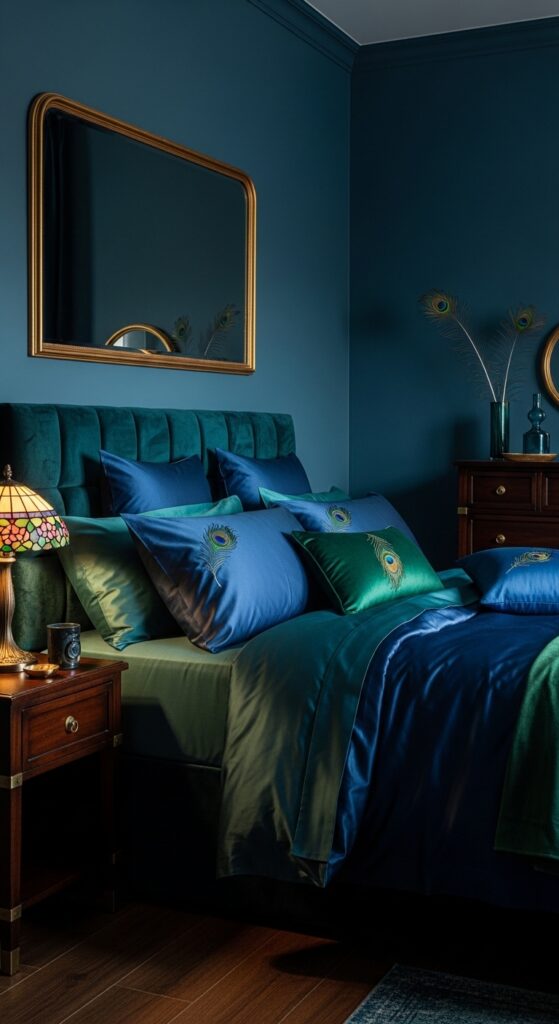 Moody bedroom with dark dramatic walls, ambient lighting, velvet textures, and luxurious bedding transforming sleep space into retreat