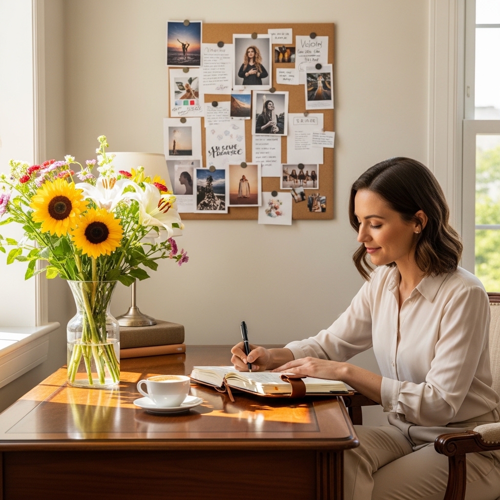 Luxury lifestyle scene featuring elegant home interior with premium coffee setup, designer wardrobe, fresh flowers, and spa-like bathroom for elevated everyday living