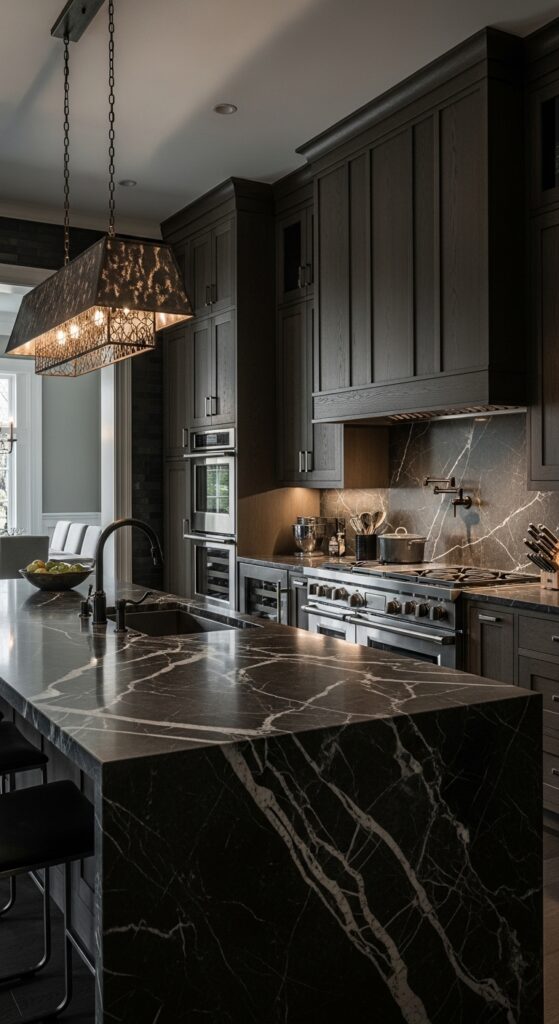 Moody kitchen with deep navy cabinets, black matte finishes, brass hardware, and dramatic lighting, transforming the cooking space into a masterpiece