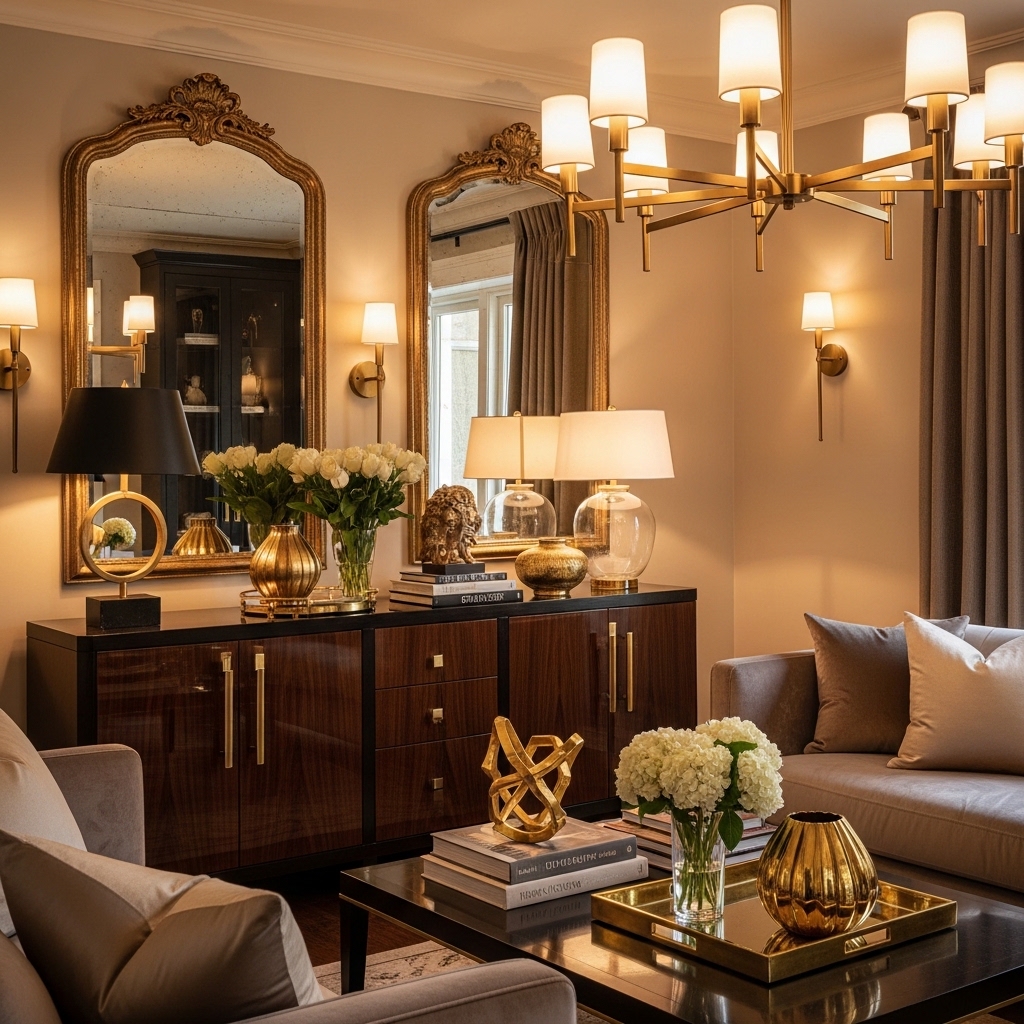 Luxury lifestyle aesthetic interior with minimalist elegance, neutral colors, statement lighting, fresh flowers, and designer decor for elevated everyday experience