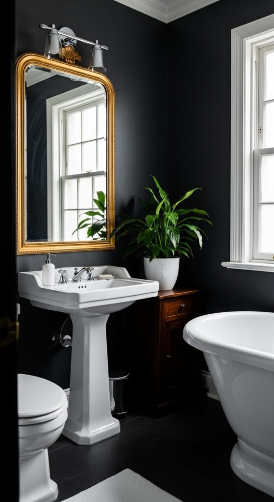 Moody bathroom with deep dark walls, statement lighting, black vanity, and freestanding tub transforming space into dramatic sanctuary