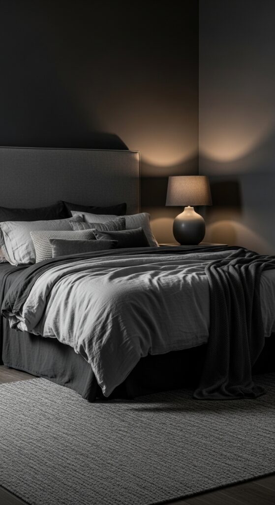 Moody bedroom with dark dramatic walls, ambient lighting, velvet textures, and luxurious bedding transforming sleep space into retreat