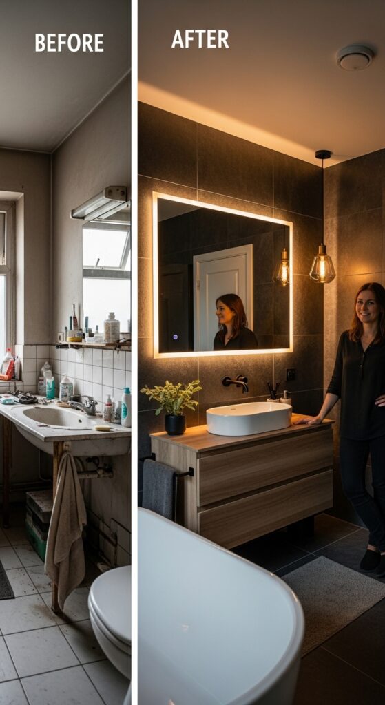 Moody bathroom with deep dark walls, statement lighting, black vanity, and freestanding tub transforming space into dramatic sanctuary