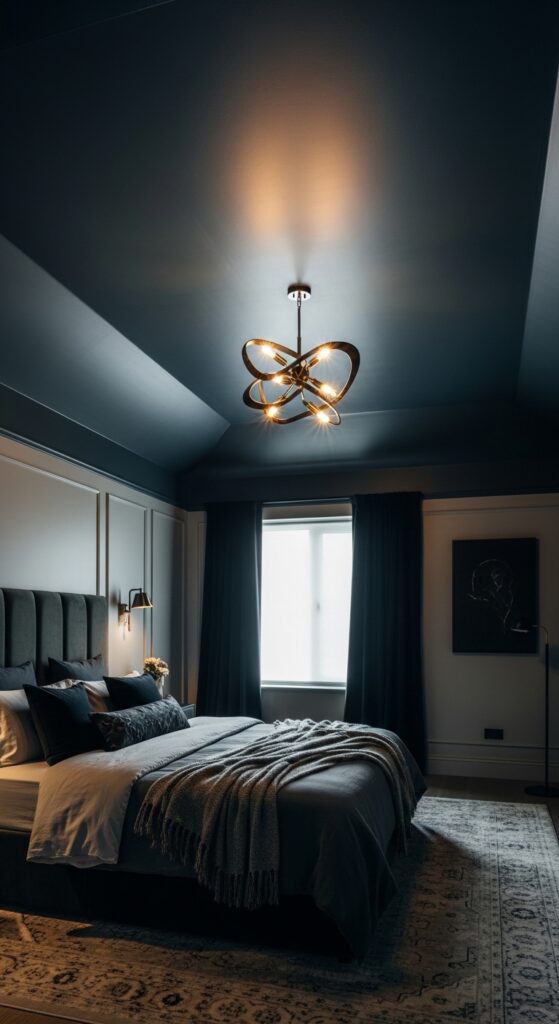 Moody bedroom with dark dramatic walls, ambient lighting, velvet textures, and luxurious bedding transforming sleep space into retreat
