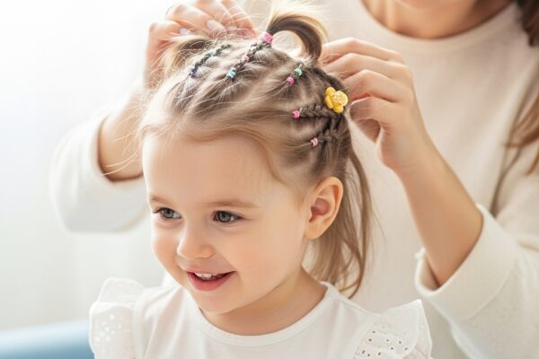 A mother gently styling her daughter's hair while the toddler sits happily with a bow in her hand, showcasing easy toddler hairstyles girl ideas for simple and easy looks, black hair, curly textures, and short hair, with a step-by-step tutorial approach