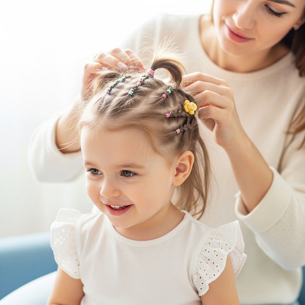 A mother gently styling her daughter's hair while the toddler sits happily with a bow in her hand, showcasing easy toddler hairstyles girl ideas for simple and easy looks, black hair, curly textures, and short hair, with a step-by-step tutorial approach