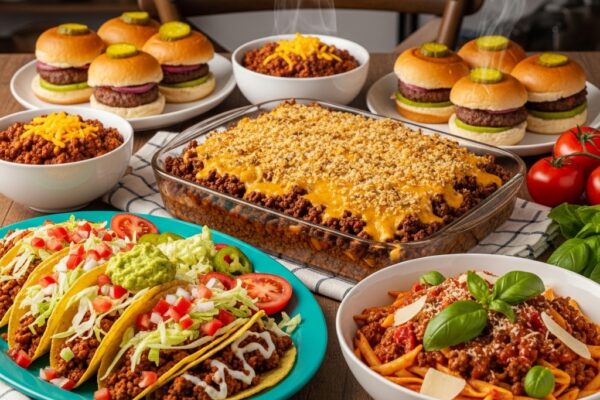 A delicious spread of various ground beef recipes including sizzling skillet meals, hearty family dinners, and kid-friendly dishes served on a rustic wooden table.