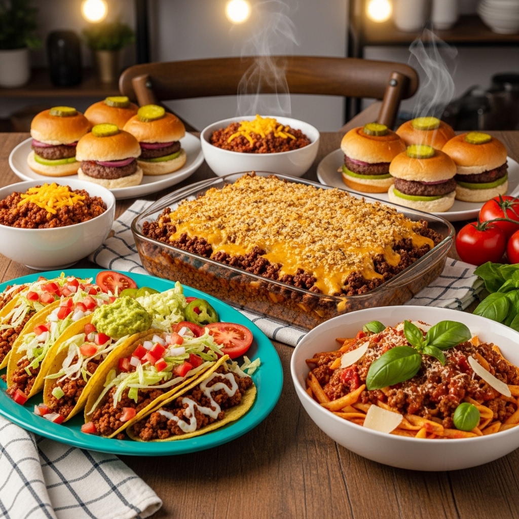 A delicious spread of various ground beef recipes including sizzling skillet meals, hearty family dinners, and kid-friendly dishes served on a rustic wooden table.