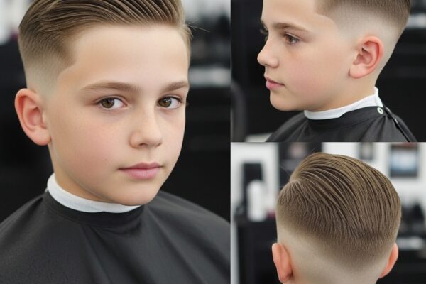 Low taper fade haircut straight hair boy showcasing a clean, modern style with textured top and precise fade lines.