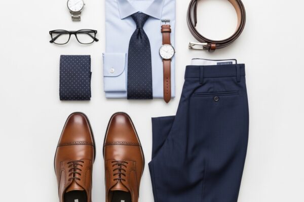 A professionally styled Men's Flat Lay Outfit featuring dark wash jeans, a white t-shirt, a denim jacket, brown leather boots, and accessories arranged on a neutral wooden background.
