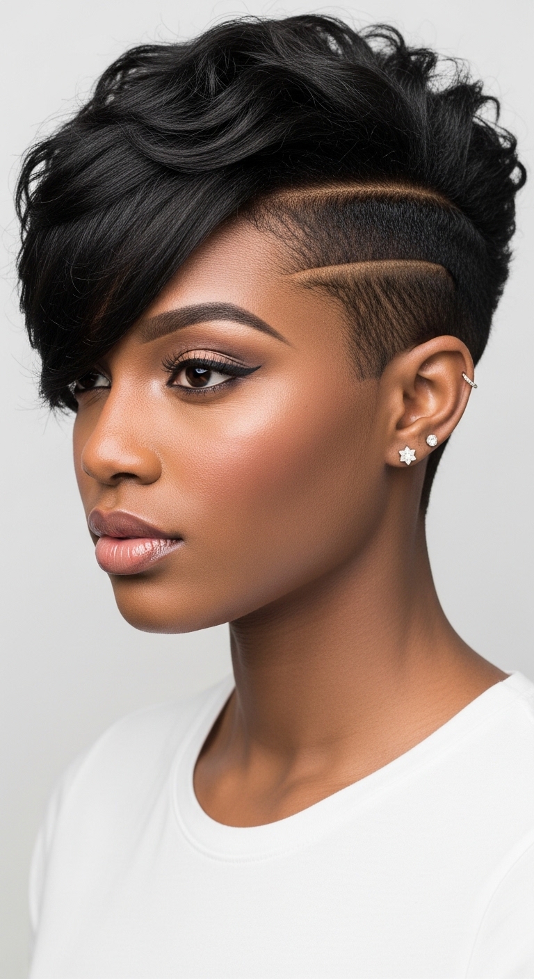 A confident black woman showcasing a stunning pixie haircut for black women with tapered sides and voluminous curly top, ideal for round faces and low-maintenance natural hair styling.