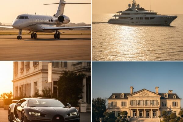 Luxury lifestyle collage showcasing private jet, superyacht, exotic supercars, and elegant mansion representing 20 ultimate dreams of extraordinary living