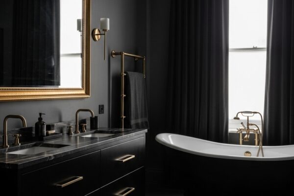 Moody bathroom with deep dark walls, statement lighting, black vanity, and freestanding tub transforming space into dramatic sanctuary